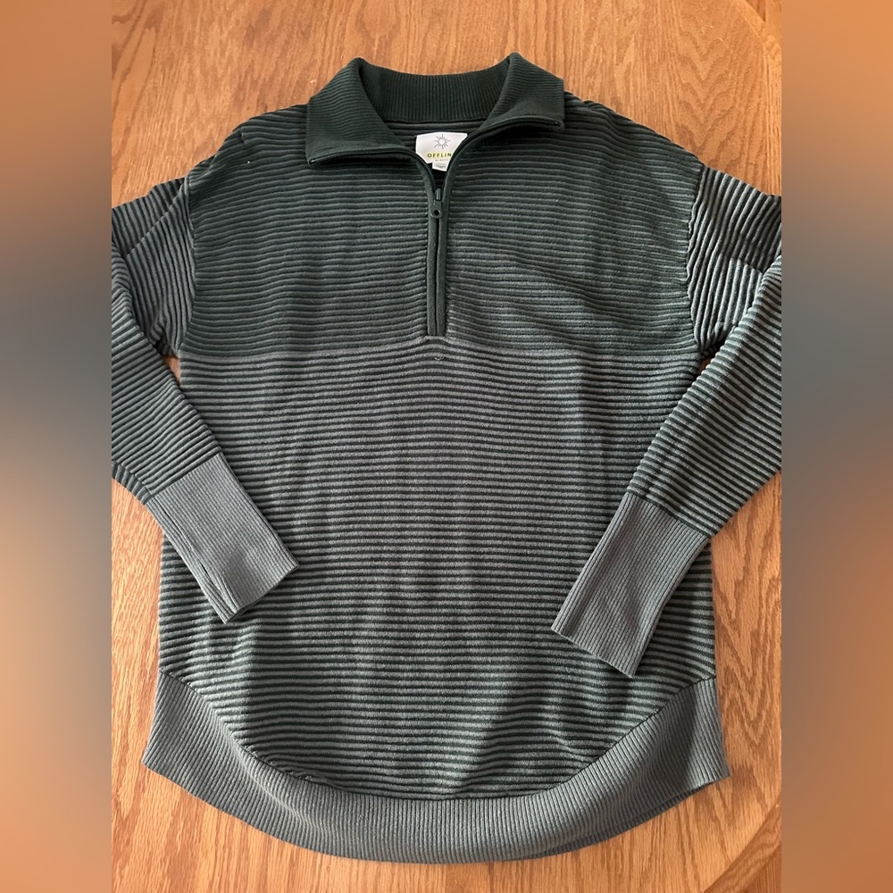 Offline by Aerie Forest Green Textured Quarter Zip Pullover Sweatshirt Size XS